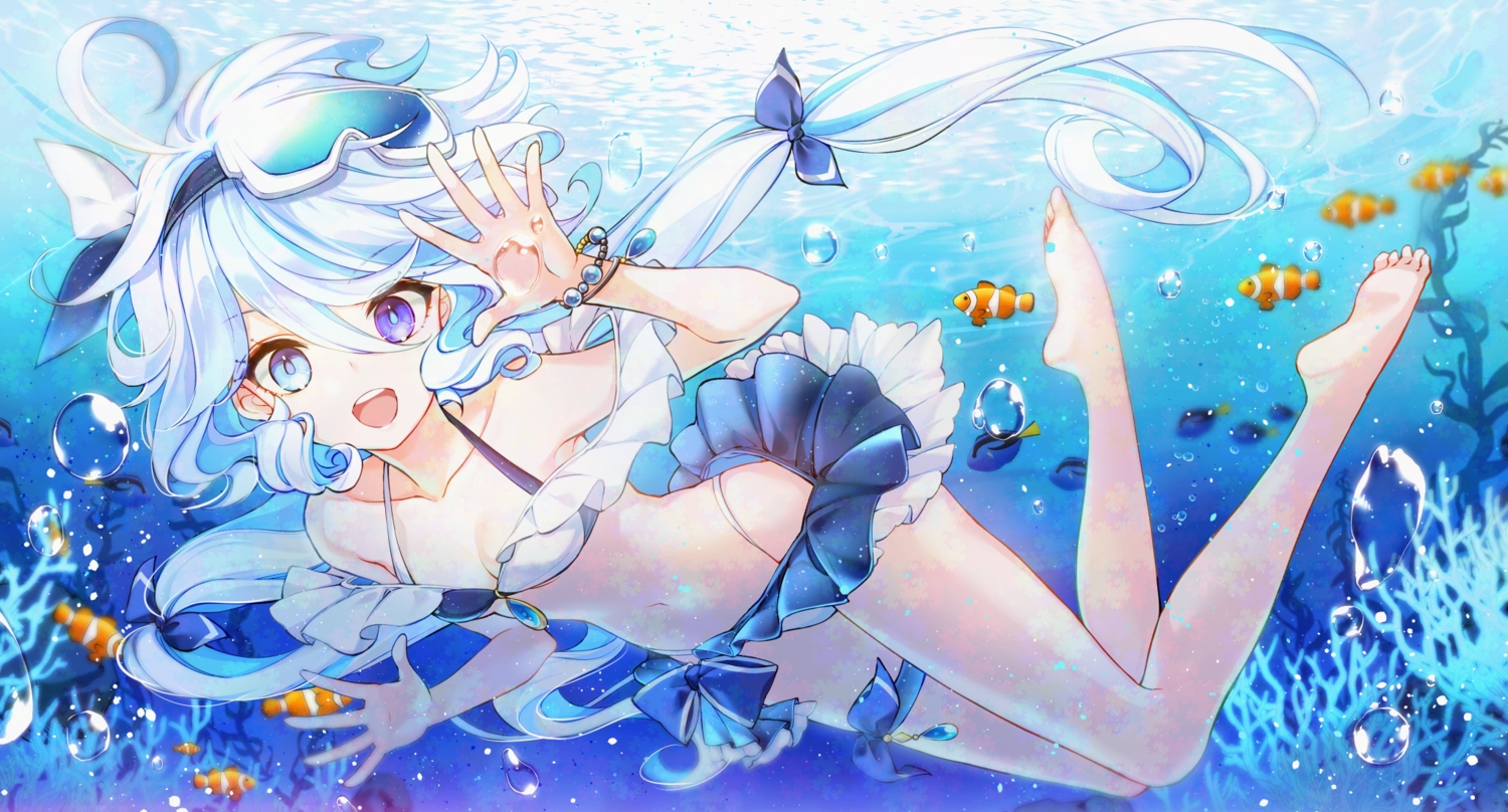 animal, bicolored_eyes, bikini, blue_eyes, bow, bubbles, fish, furina_(genshin_impact)