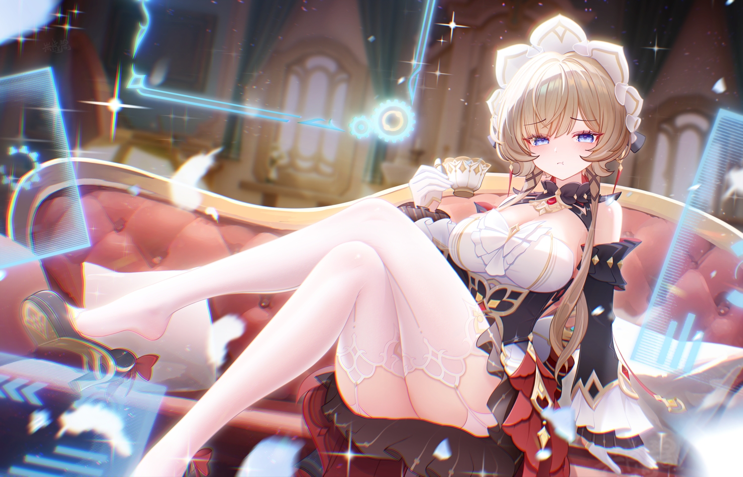 blue_eyes, blush, breasts, brown_hair, cleavage, computer, couch, dress, drink, feathers, garter_belt, genshin_impact, gloves, headdress, long_hair, sandrone_(genshin_impact), signed, stockings, zhuchengbi