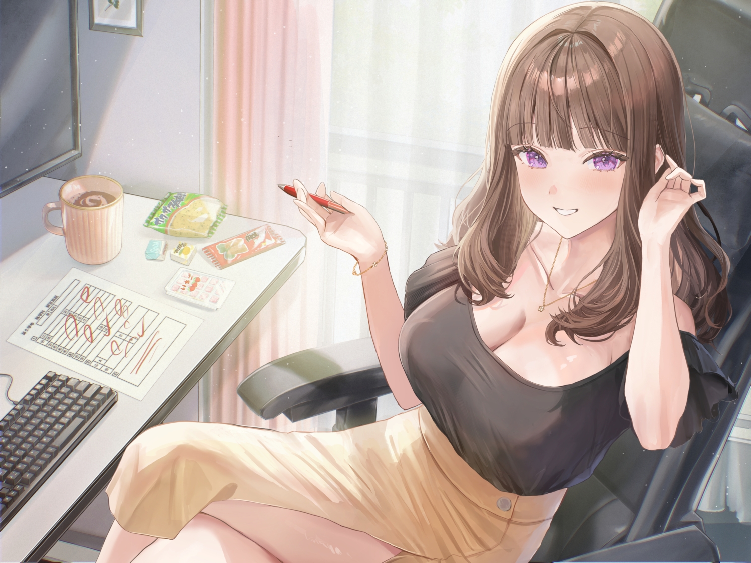 blush, breasts, brown_hair, cleavage, computer, drink, long_hair, necklace