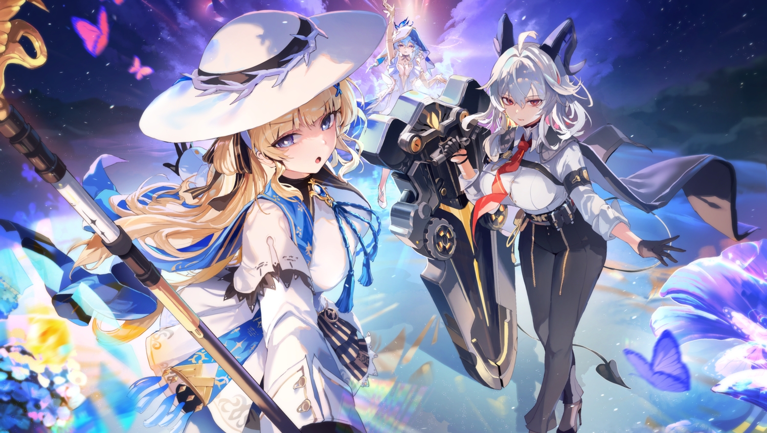 blonde_hair, butterfly, clouds, dress, gloves, gray_hair, hat, horns