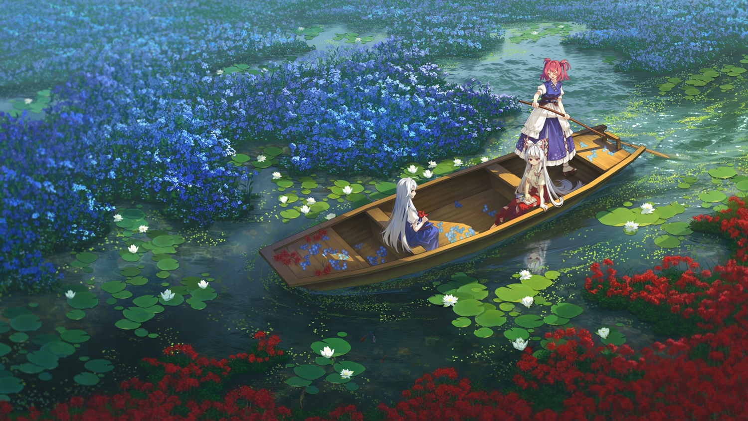 banjie, boat, book, bow, dress, flowers, fujiwara_no_mokou, gray_hair