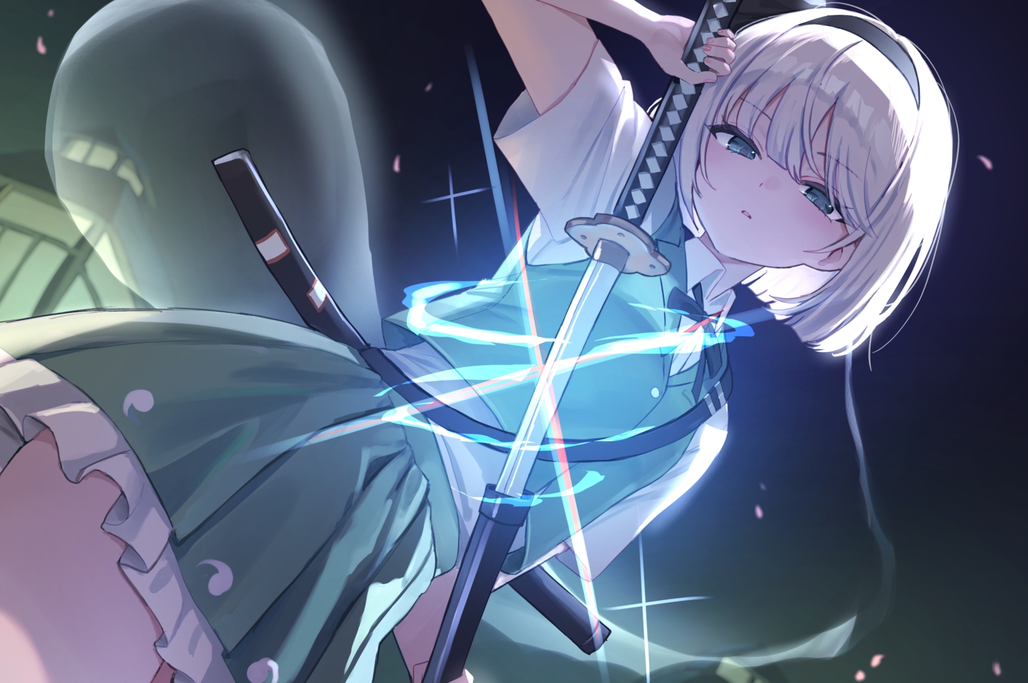 aqua_eyes, bow, close, headband, katana, konpaku_youmu, magic, myon