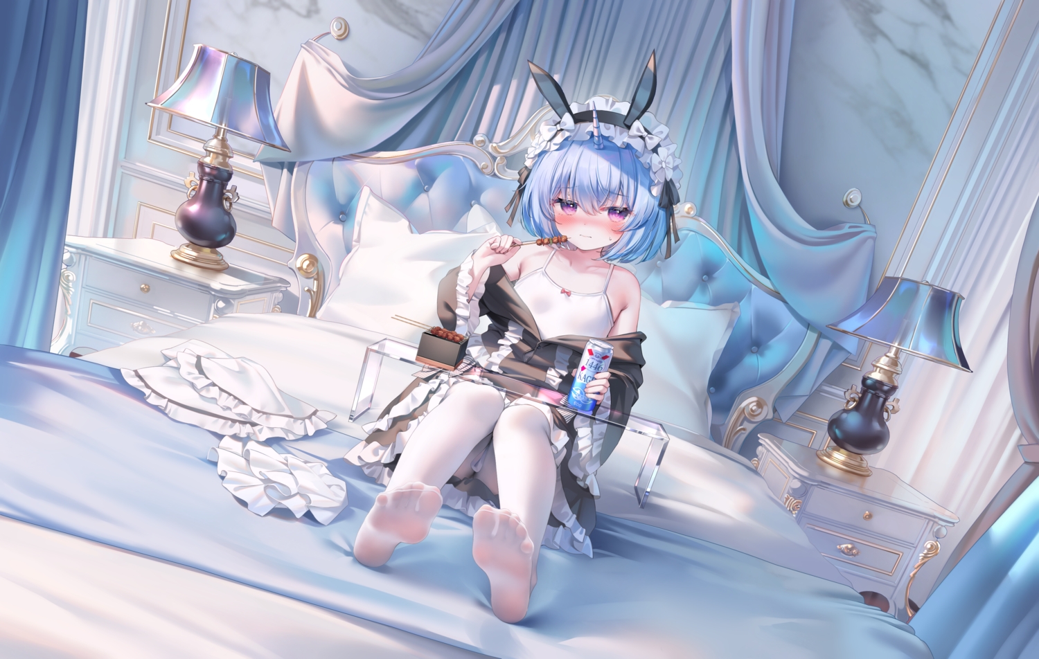 animal_ears, bed, blue_hair, blush, bow, bunny_ears, chen_bin, dress