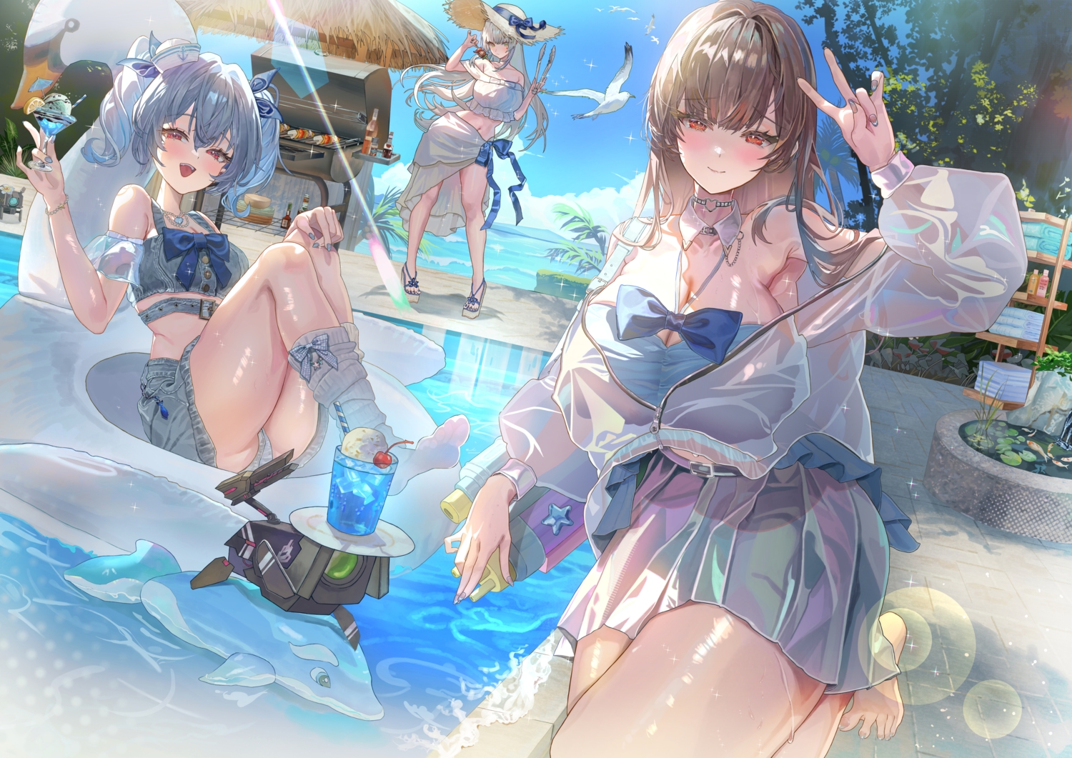 a999212, animal, barefoot, bird, blush, bow, breasts, brown_hair