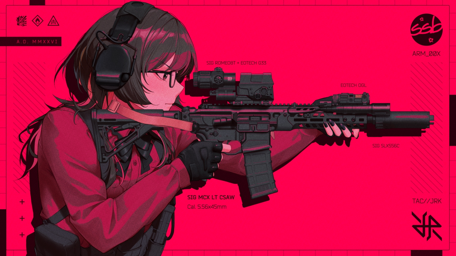 black_hair, bow, brown_eyes, close, glasses, gloves, gun, headphones, hiroki_ree, long_hair, original, red, shirt, weapon