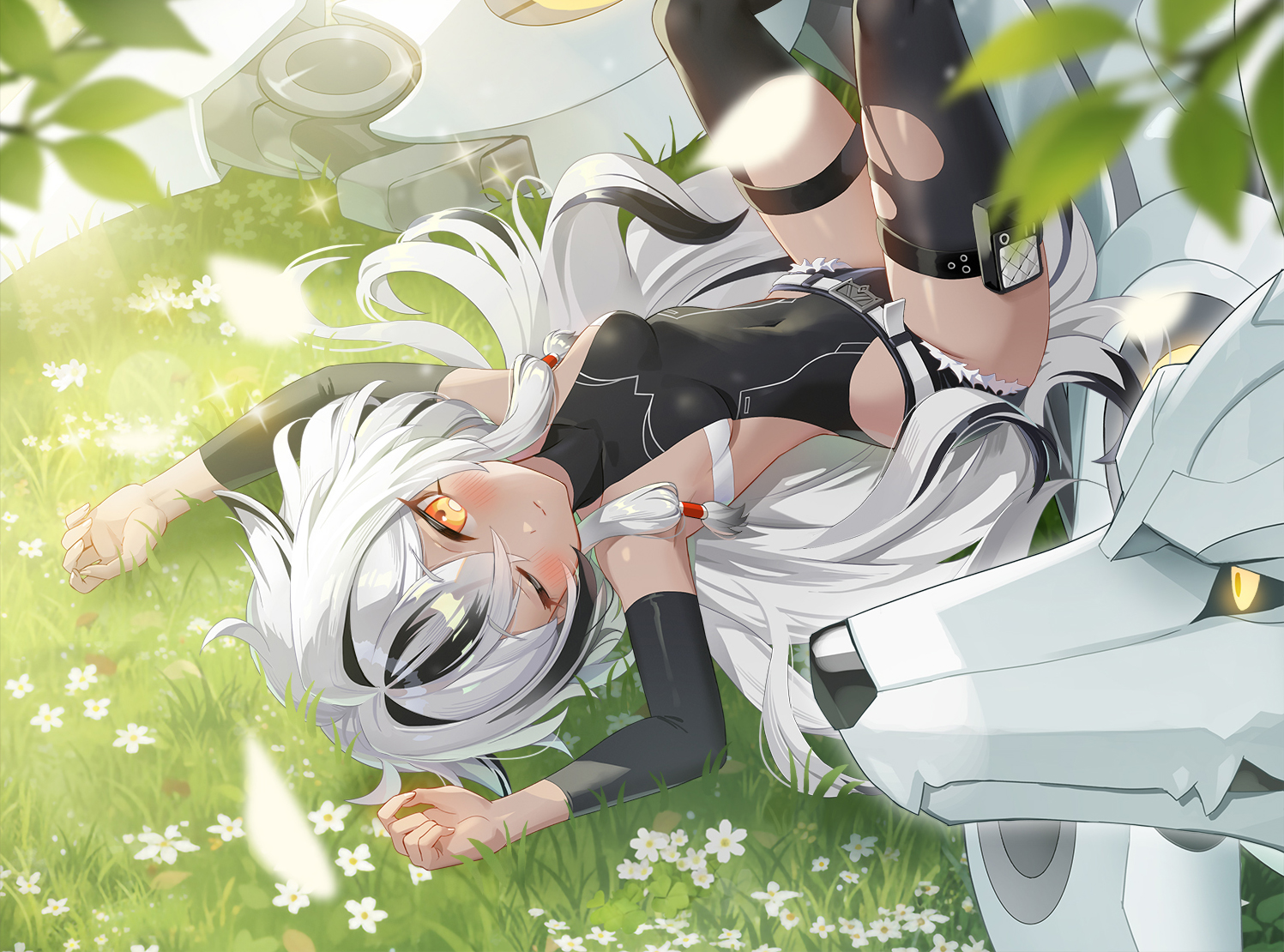 animal, anzumame, blush, breasts, dark_skin, flowers, garter, grass