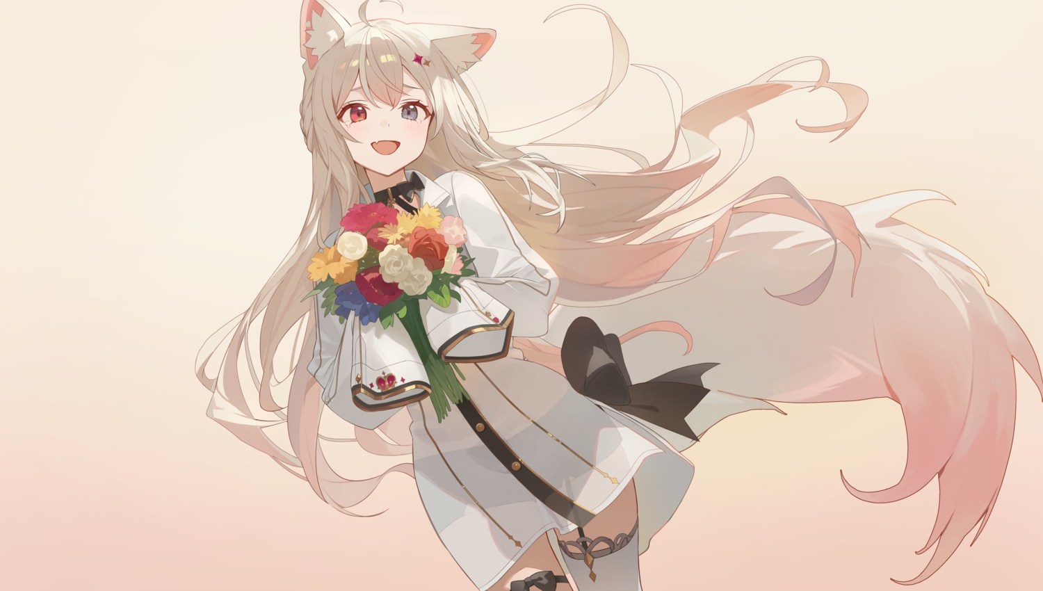animal_ears, bicolored_eyes, blush, bow, braids, brown_hair, choker, dress