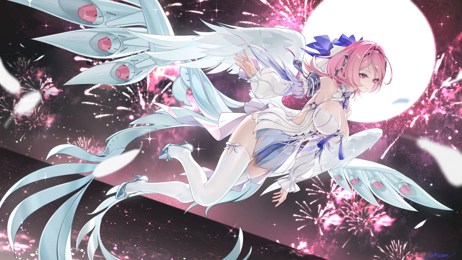 ai_dongdong, bow, breasts, cleavage, dress, feathers, fireworks, moon