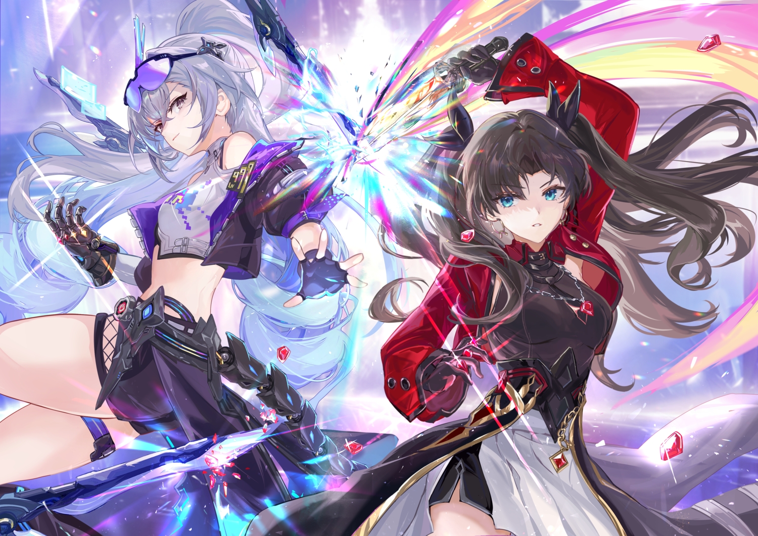 2girls, aqua_eyes, brown_hair, crossover, dress, fate/stay_night, fate_(series), garter