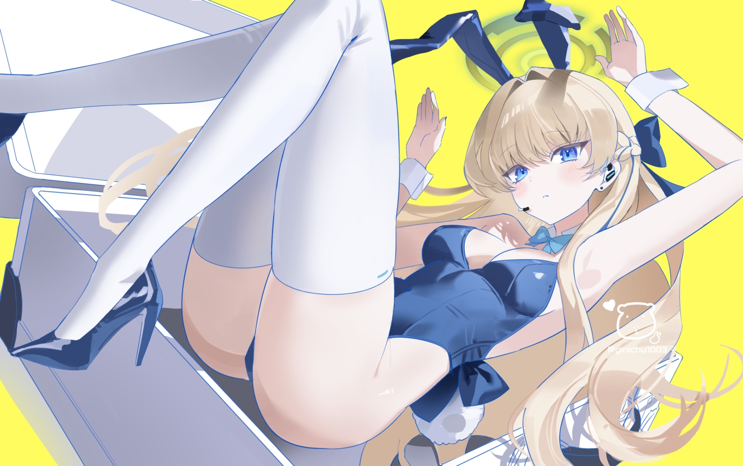 aliasing, animal_ears, asuma_toki, blonde_hair, blue_archive, blue_eyes, blush, bow