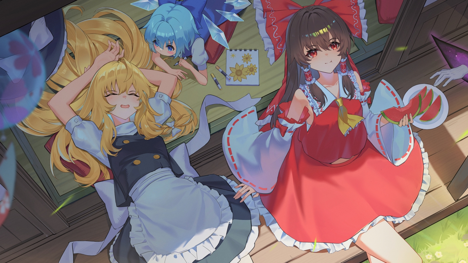 apron, blonde_hair, blue_eyes, blue_hair, blush, bow, brown_hair, cirno