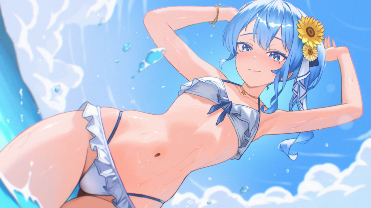 bikini, blue_eyes, blue_hair, choker, clouds, diptip, flat_chest, hololive