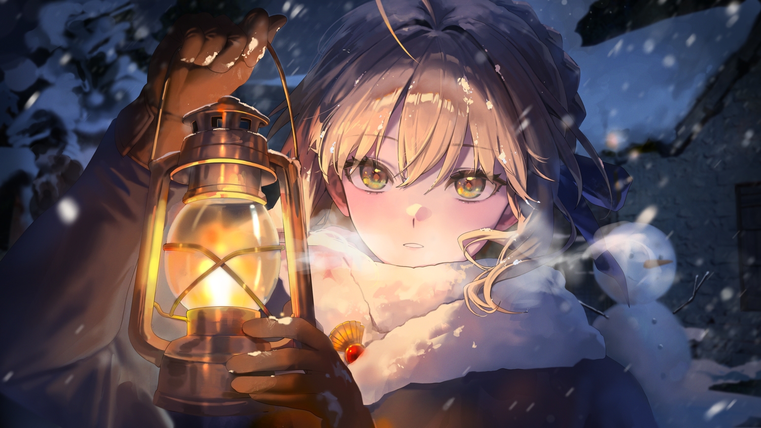 artoria_pendragon_(all), blonde_hair, bow, braids, brown_eyes, building, close, dark, fate/stay_night, fate_(series), fire, gloves, night, ori_(0rizuru), saber, scarf, short_hair, snow, snowman, winter