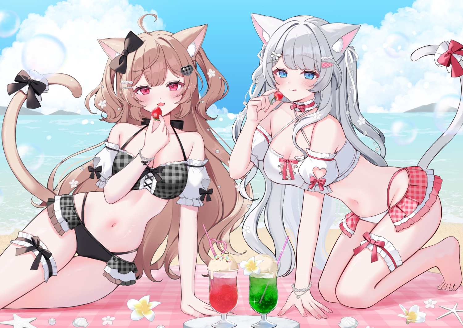 2girls, animal_ears, barefoot, beach, bikini, blue_eyes, blush, bow