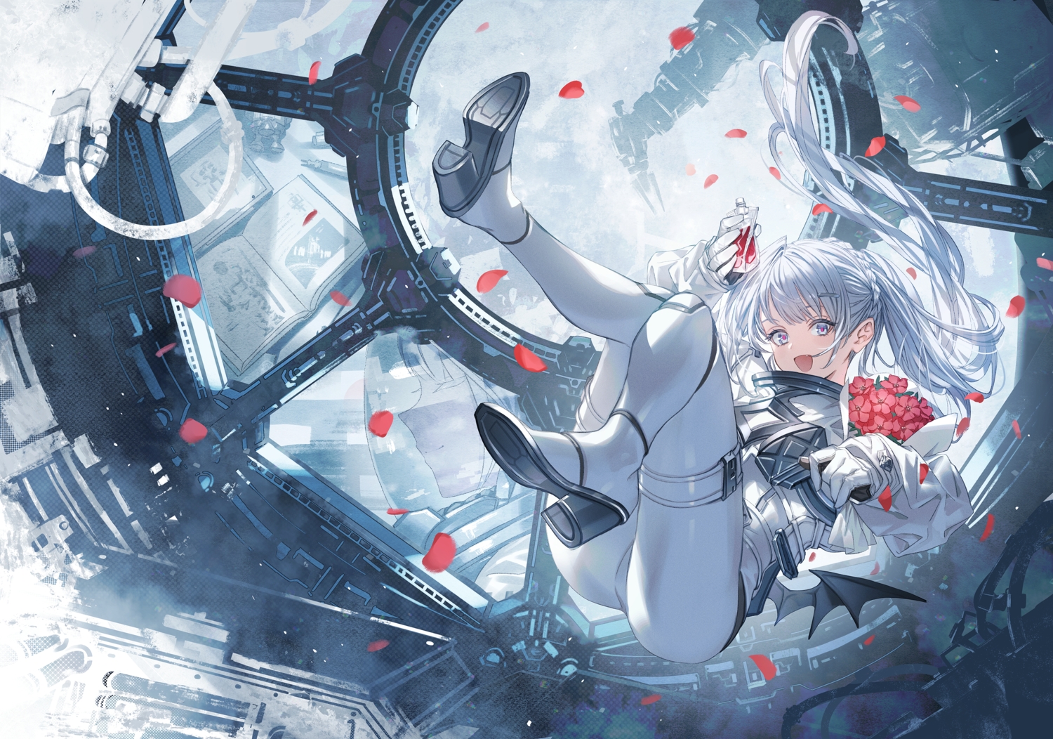 blood, bodysuit, braids, drink, fang, flowers, gloves, gray_eyes