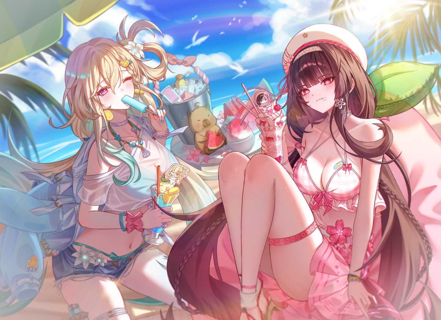 2girls, animal, bandaid, beach, bikini, black_hair, blonde_hair, blush