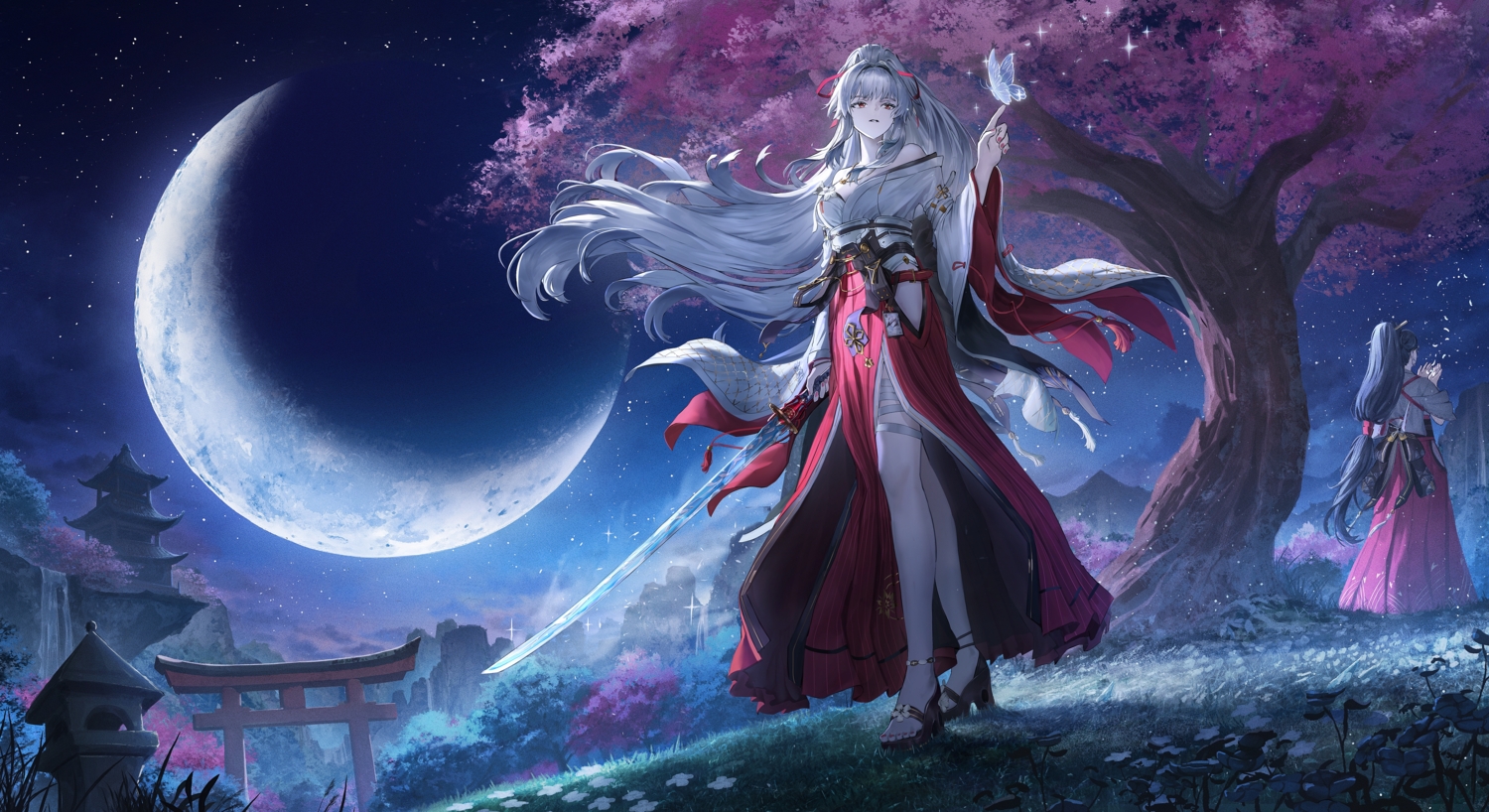 2girls, angelo_(angeloart26), black_hair, building, butterfly, flowers, garter, grass, gray_hair, gyokuro_(wuthering_waves), hiyuki_(wuthering_waves), japanese_clothes, katana, kimono, long_hair, miko, moon, necklace, night, ponytail, red_eyes, sky, sword, torii, tree, weapon, wuthering_waves