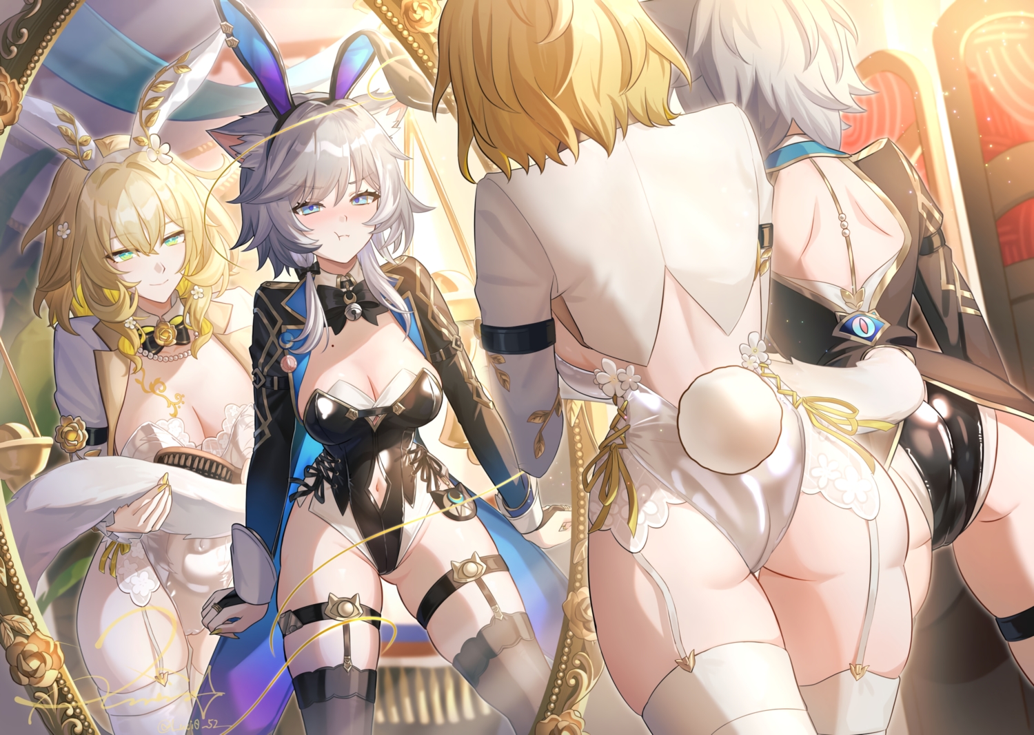 2girls, aglaea_(honkai:_star_rail), animal_ears, ass, blonde_hair, blue_eyes, breasts, bunny_ears