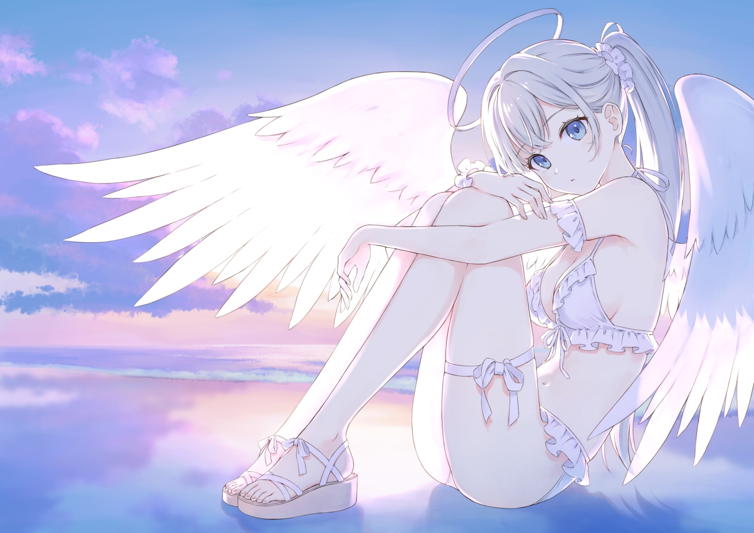104_(luins-104), angel, beach, bikini, blue_eyes, bow, breasts, cleavage