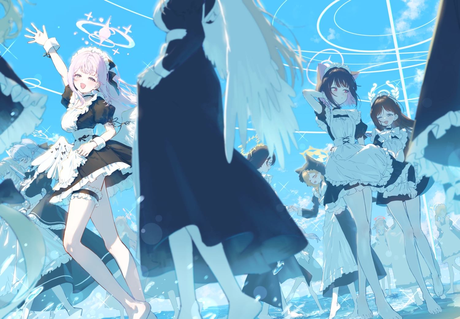 ajitani_hifumi, animal_ears, aomori_mine, apron, barefoot, beach, black_hair, blonde_hair, blue_archive, blush, bow, braids, brown_hair, catgirl, choker, clouds, dress, eshineko, gray_hair, green_eyes, group, halo, headdress, iochi_mari, kirifuji_nagisa, kurimura_airi, kyouyama_kazusa, long_hair, maid, misono_mika, nun, orange_hair, pink_eyes, pink_hair, red_eyes, shimoe_koharu, short_hair, sketch, sky, tail, twintails, urawa_hanako, utazumi_sakurako, uzawa_reisa, wakaba_hinata, water, wings, wink, wristwear, yellow_eyes, yurizono_seia