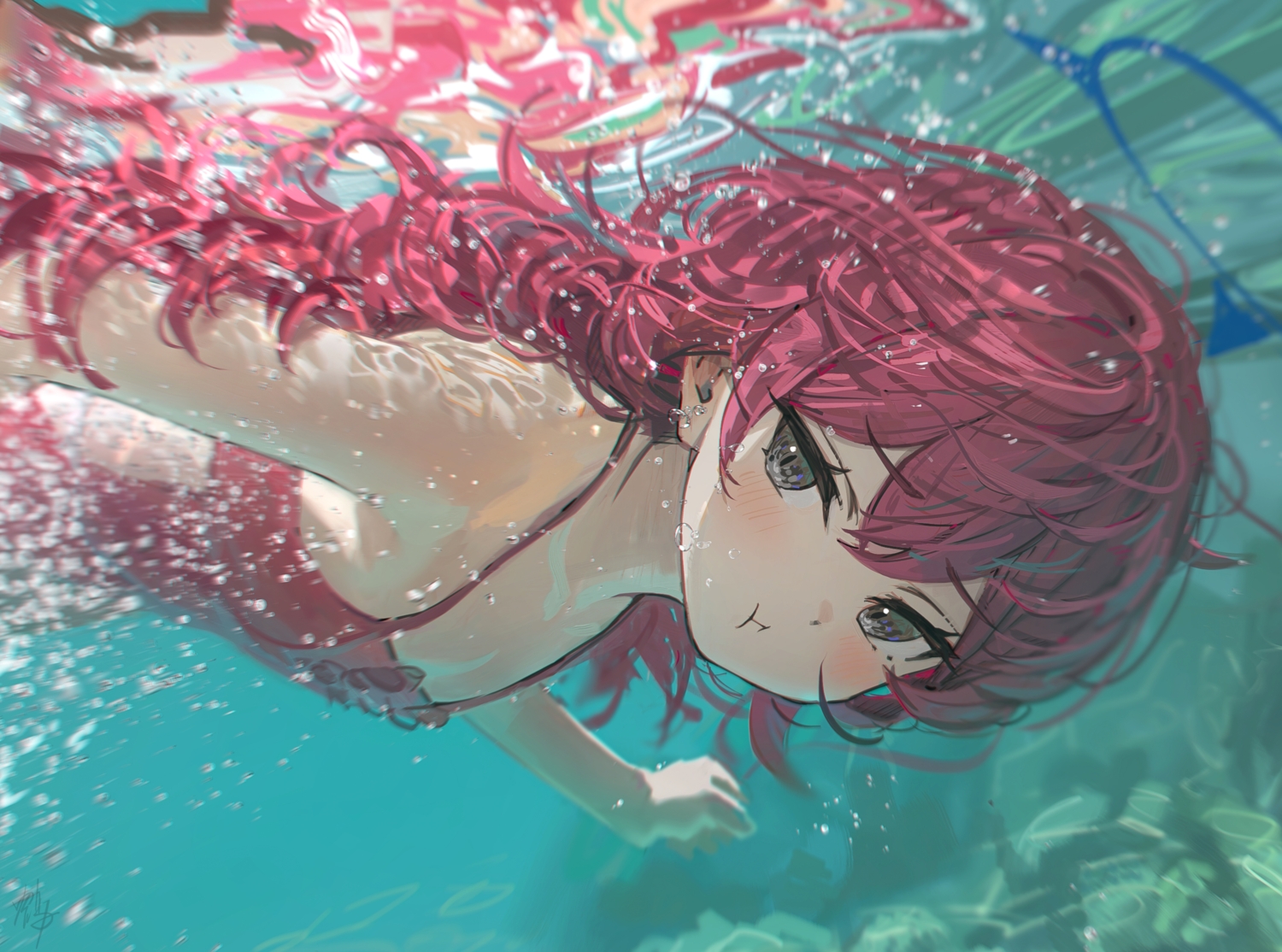 black_eyes, blue_archive, blush, bubbles, close, flat_chest, halo, hidulume, long_hair, natsume_iroha, red_hair, signed, swimsuit, underwater, water