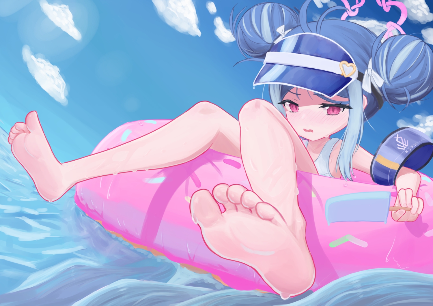 barefoot, blue_archive, blue_hair, blush, close, clouds, halo, hat