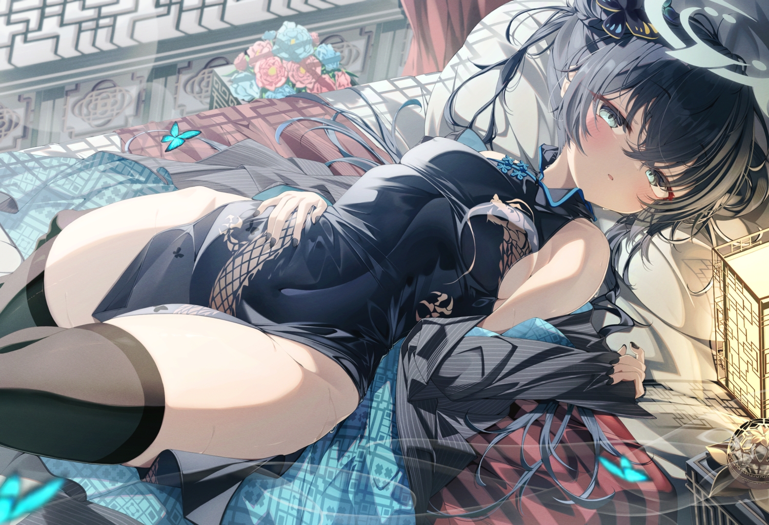 bed, black_hair, blue_archive, blush, breasts, butterfly, chinese_clothes, chinese_dress, dress, flowers, gray_eyes, halo, long_hair, nopan, ryuuge_kisaki, sho_me_1853, sideboob, thighhighs, twintails
