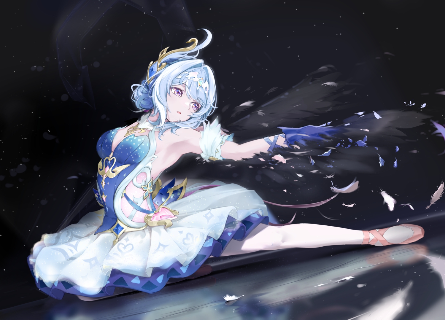 black, blue_hair, dress, feathers, genshin_impact, gloves, odette_(genshin_impact), purple_eyes