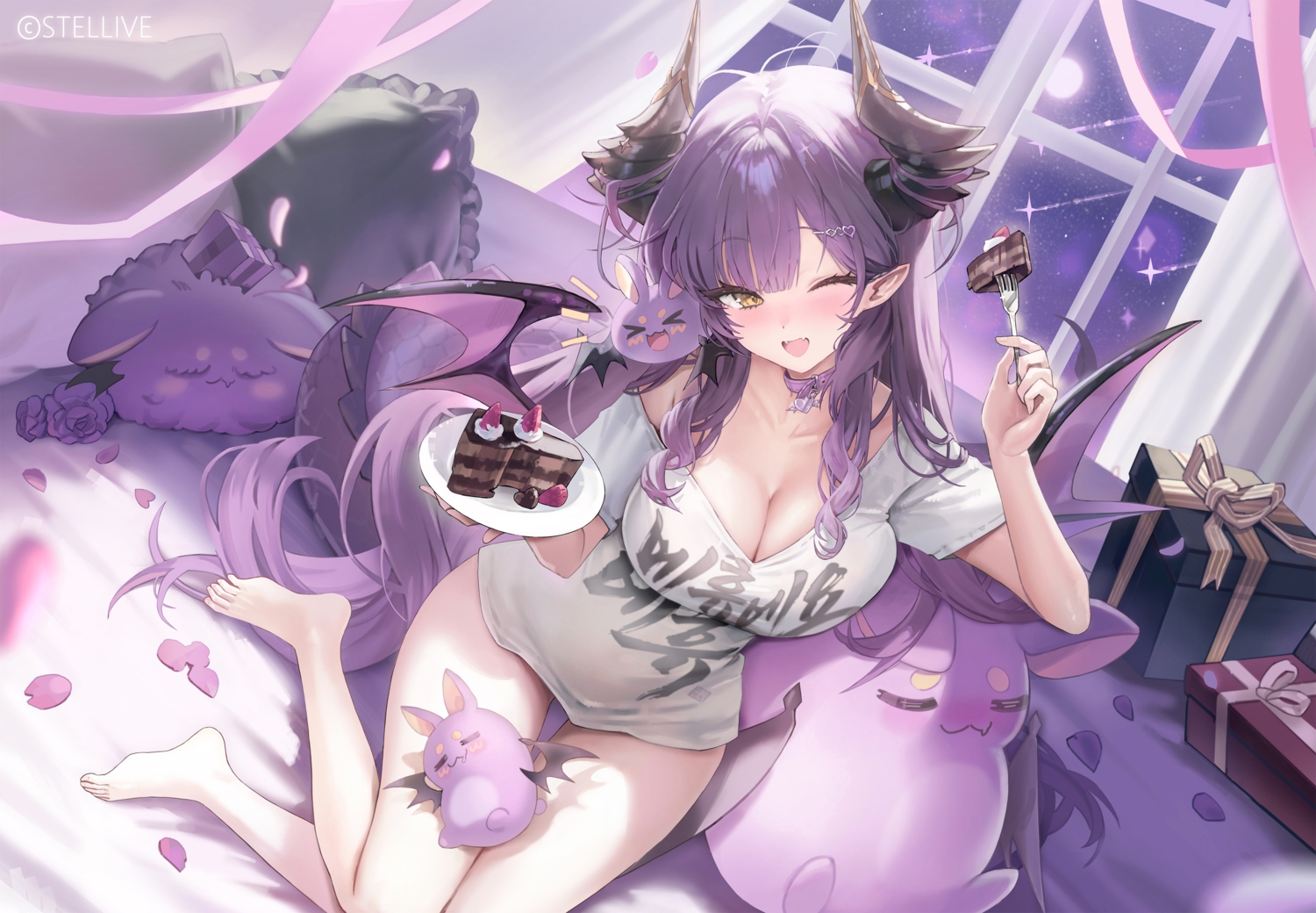 barefoot, bed, blush, breasts, cake, cleavage, collar, fang, food, freng, horns, long_hair, moon, night, petals, pointed_ears, purple_hair, ribbons, sakihane_huya, sky, stellive, wings, wink