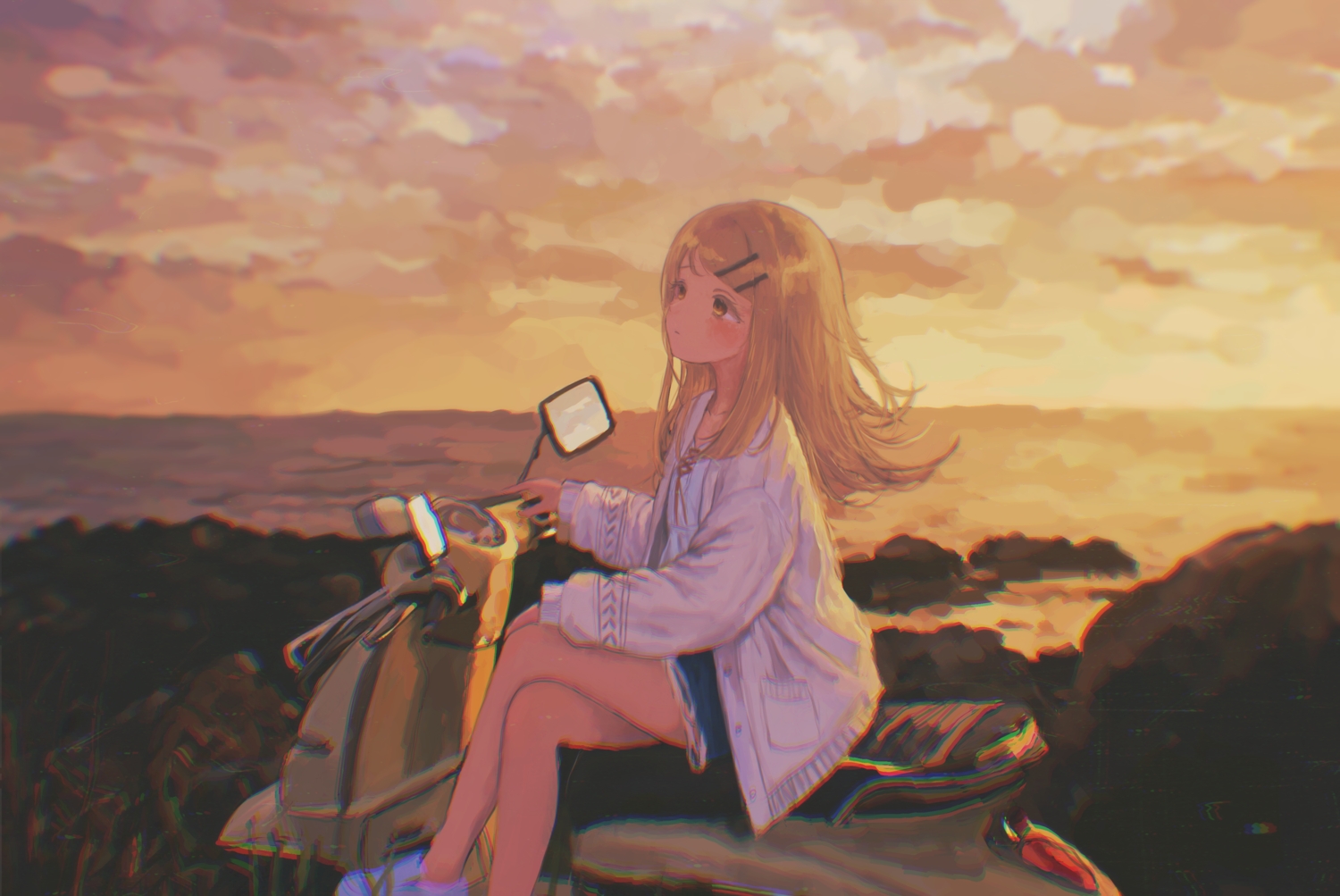 asahinagi_shio, blonde_hair, brown_eyes, clouds, gakuen_idolmaster, idolmaster, long_hair, motorcycle