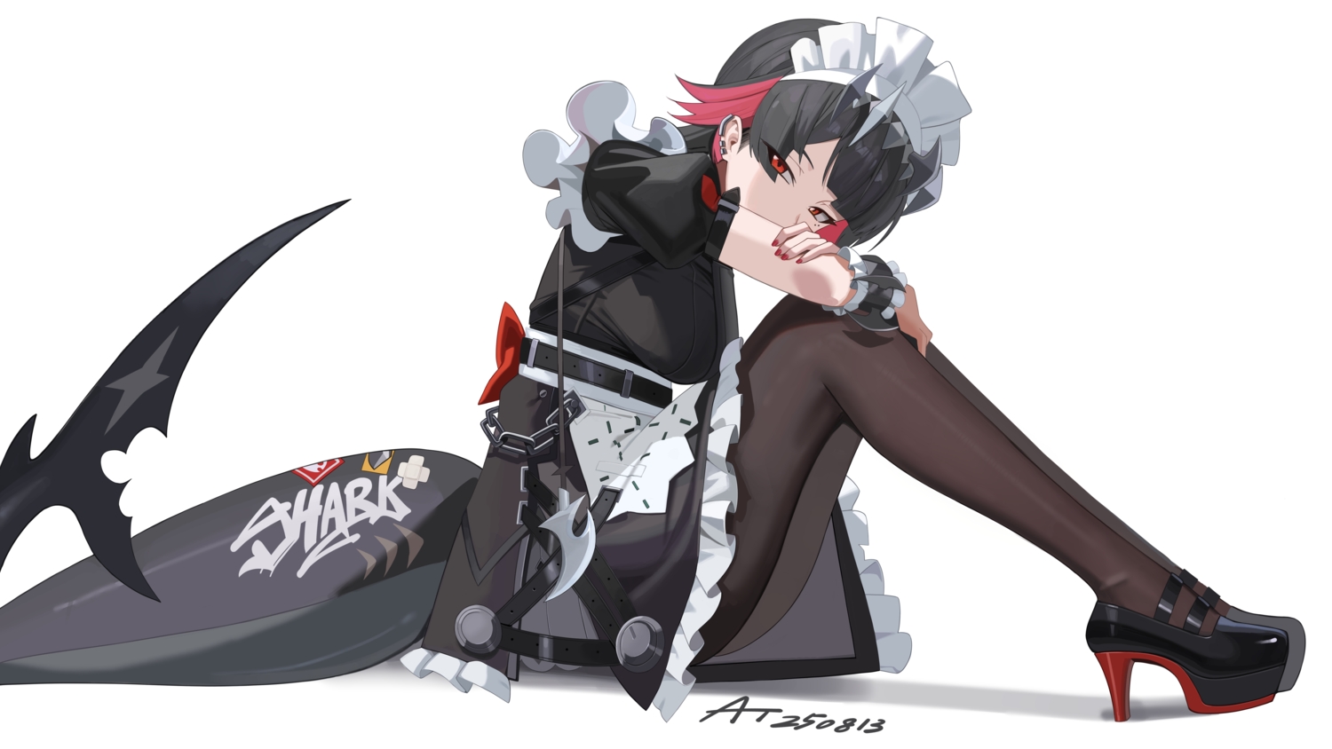 apron, black_hair, ellen_joe, headdress, maid, pantyhose, red_eyes, short_hair, signed, tail, ttt_(5274293), white, wristwear, zenless_zone_zero