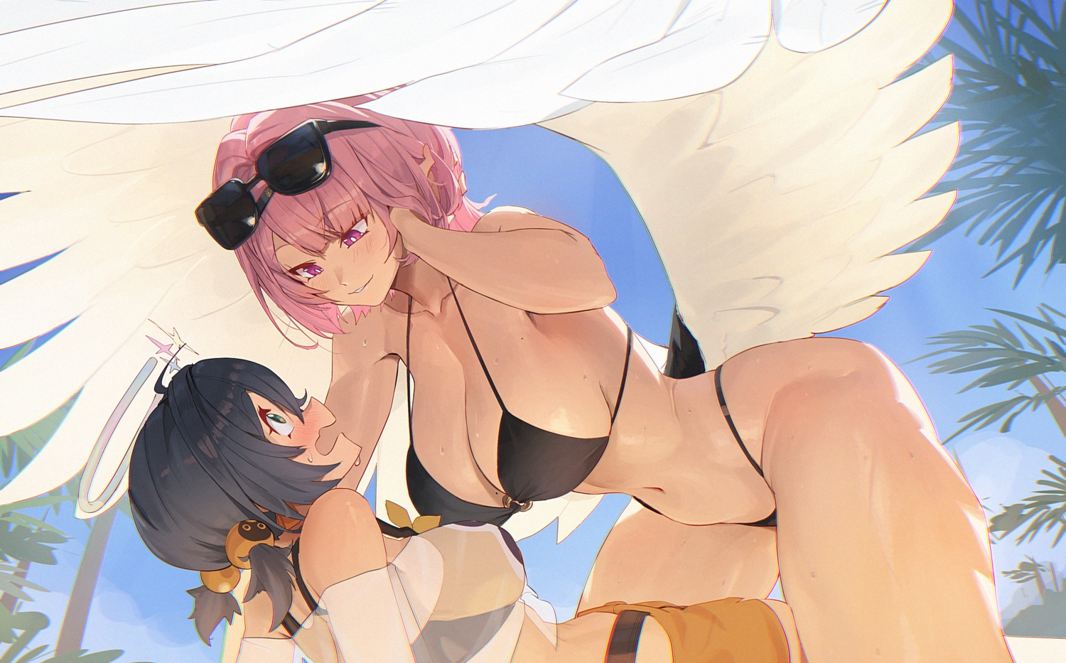 2girls, belle_(zenless_zone_zero), bikini, black_hair, blush, breasts, cleavage, clouds