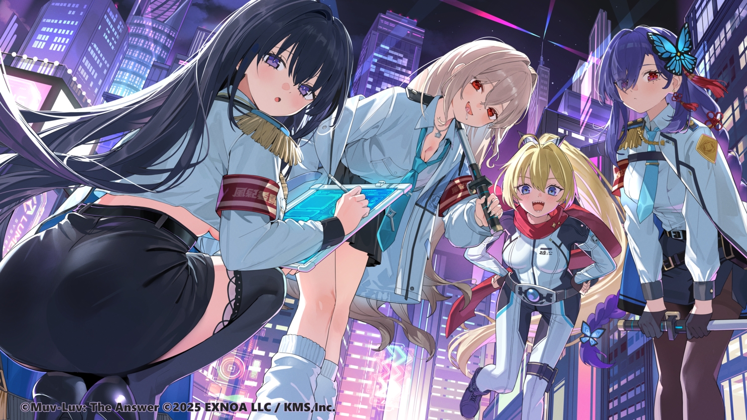 ass, black_hair, blonde_hair, blue_eyes, bodysuit, boots, brown_hair, building