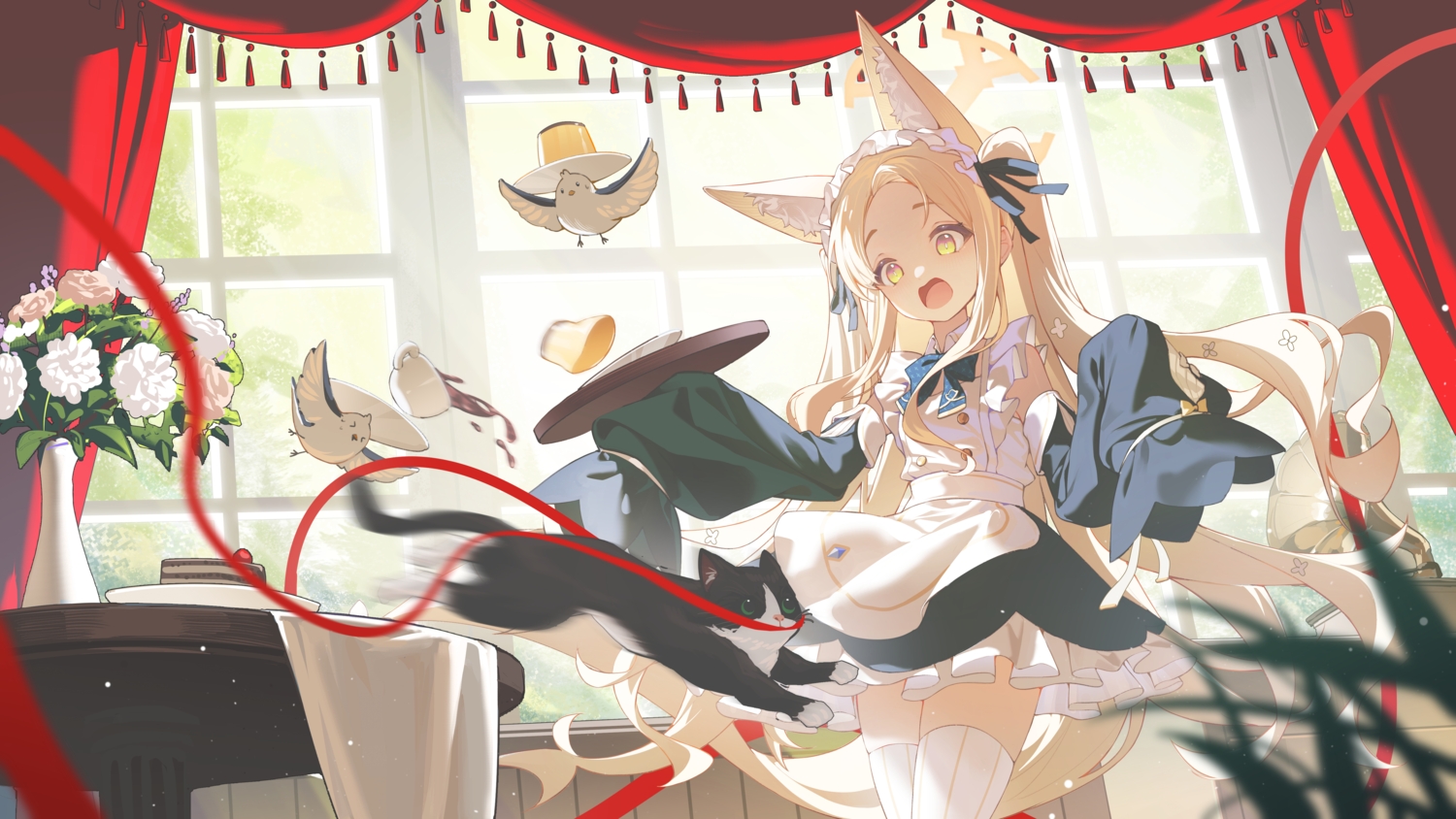 animal, apron, bird, blonde_hair, blue_archive, blush, bow, cake