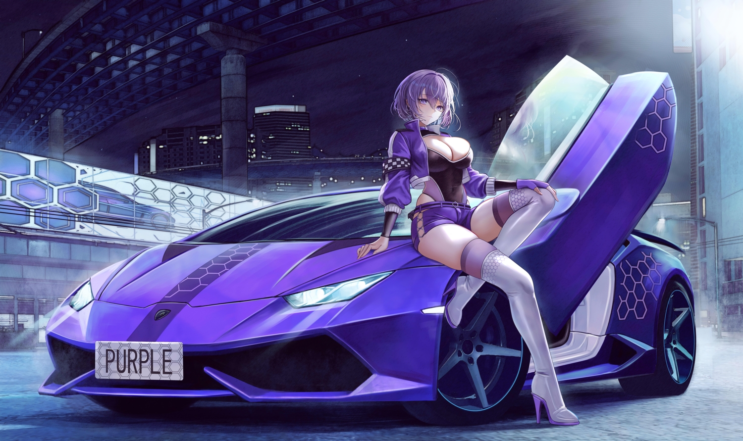 boots, breasts, building, car, cleavage, kcar66t, leotard, night