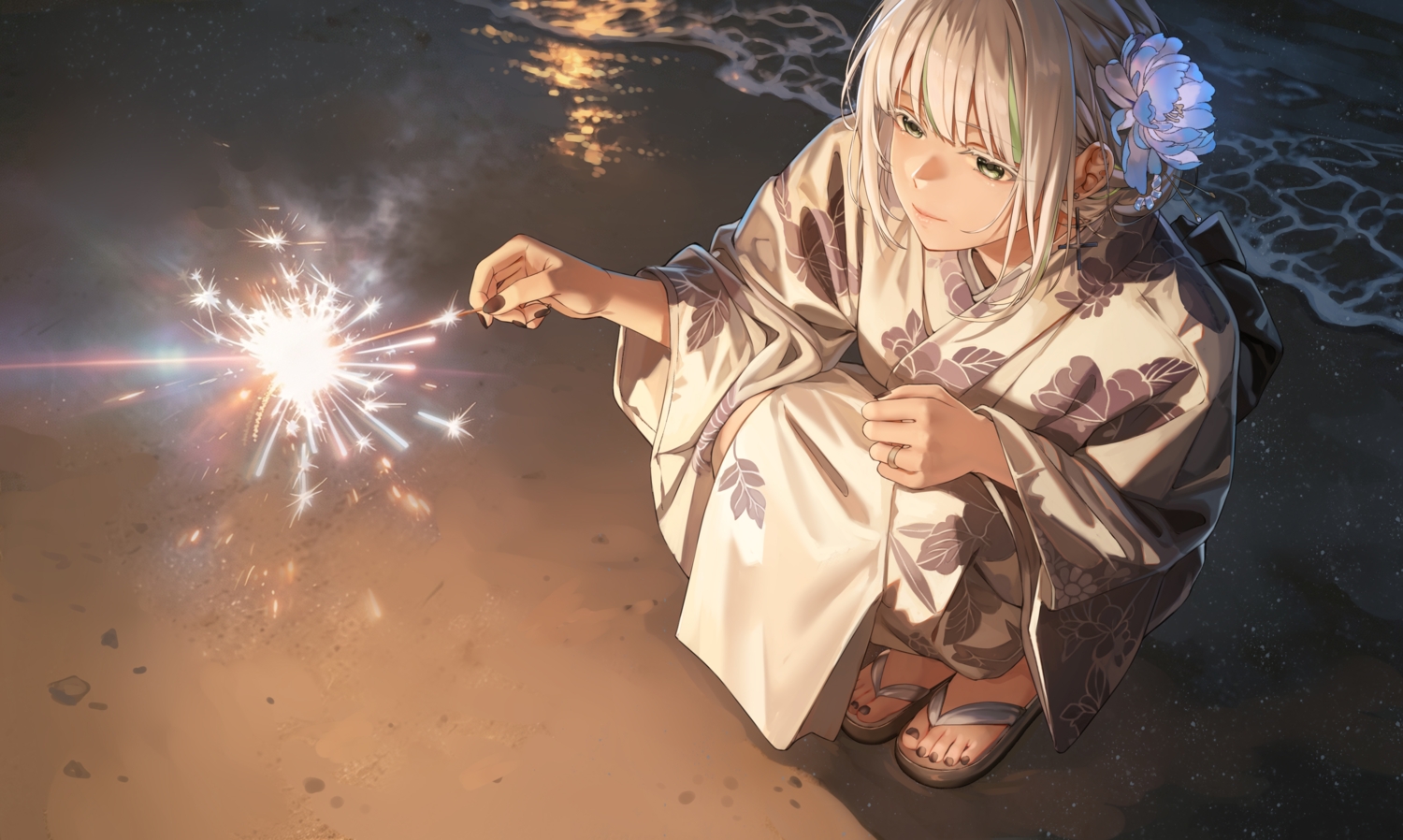 beach, braids, fireworks, gray_hair, green_eyes, indie_virtual_youtuber, japanese_clothes, night