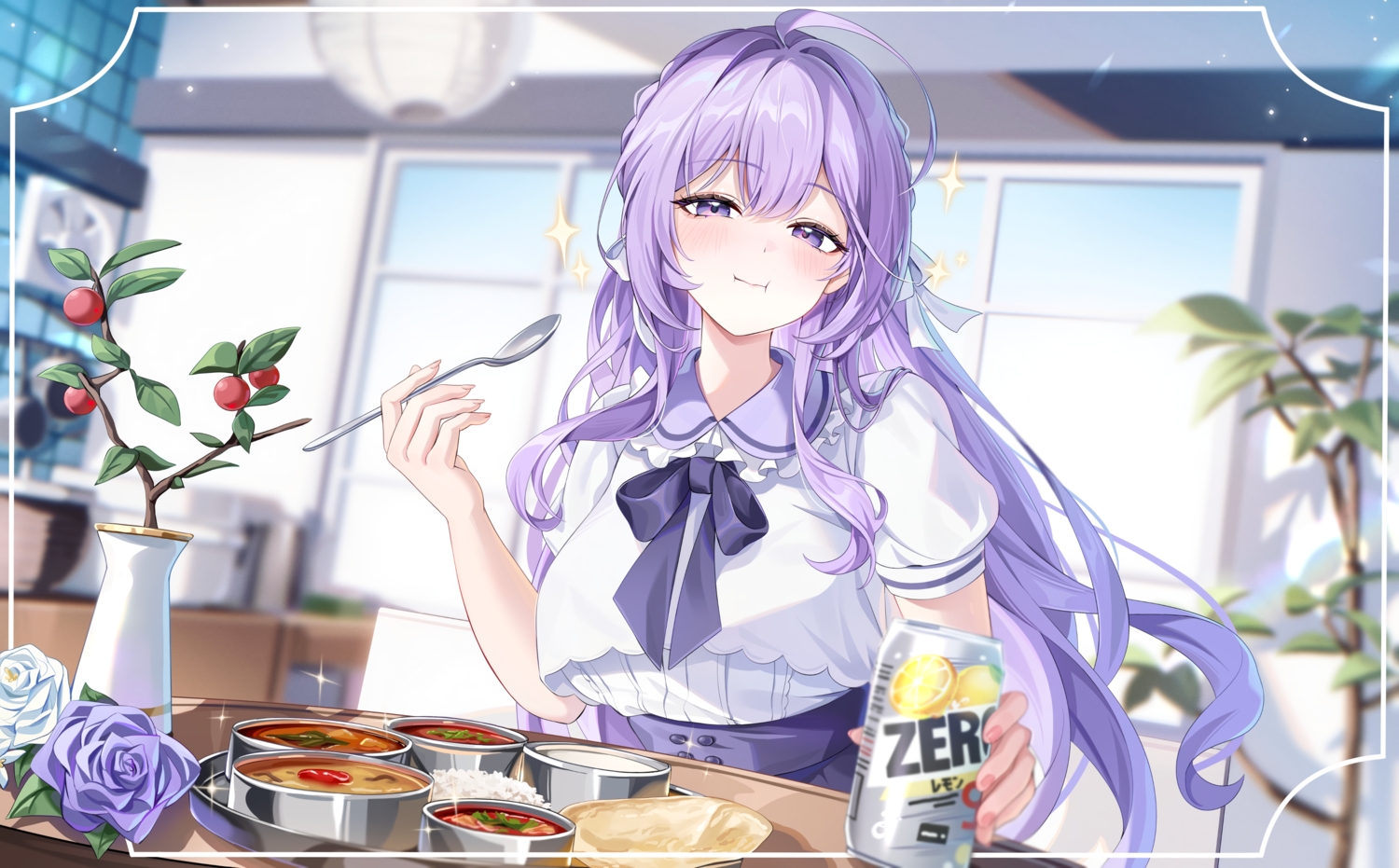 aida_noa, blush, bow, braids, drink, flowers, food, long_hair