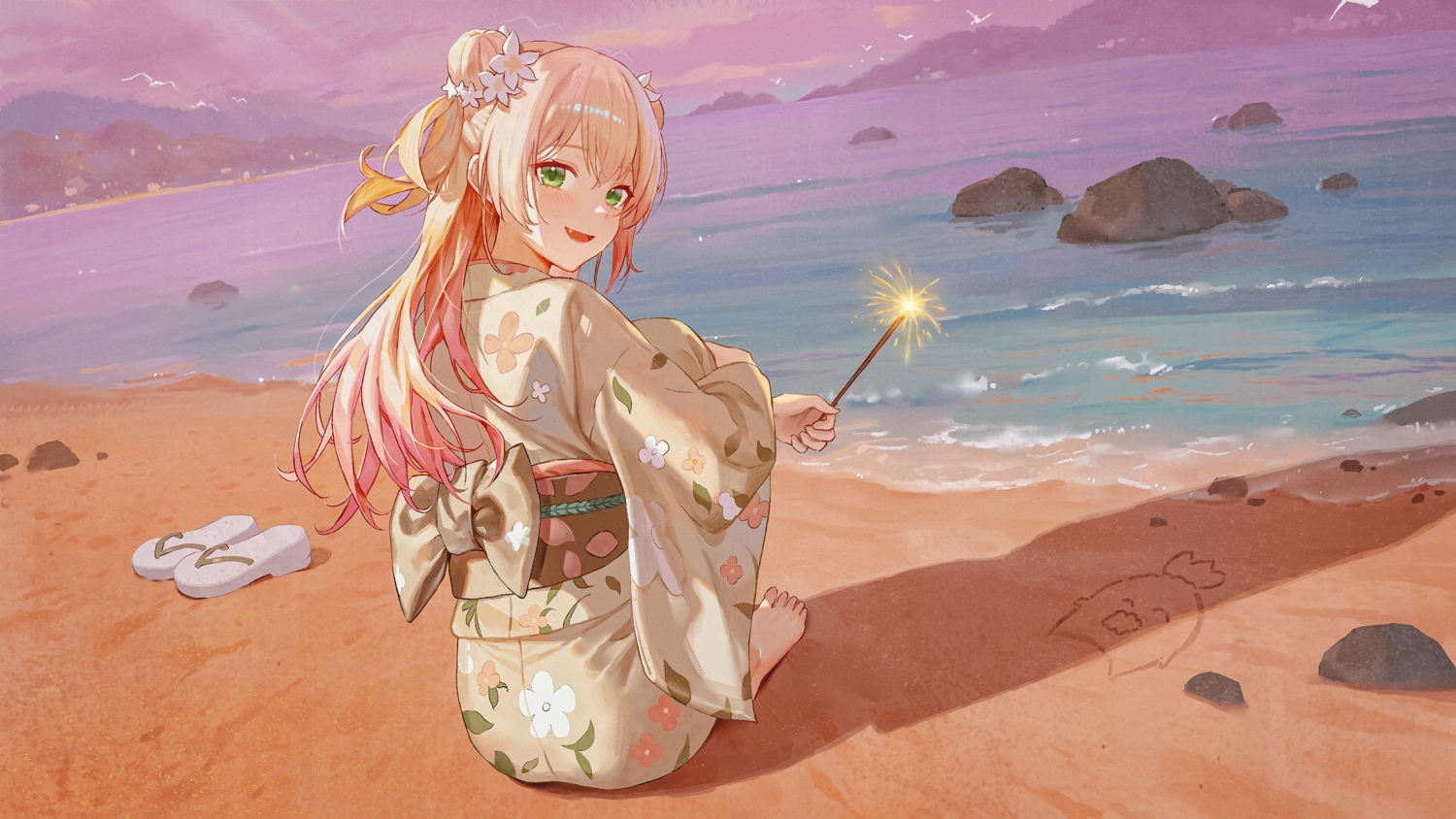 barefoot, beach, blonde_hair, blush, bow, clouds, fang, fireworks