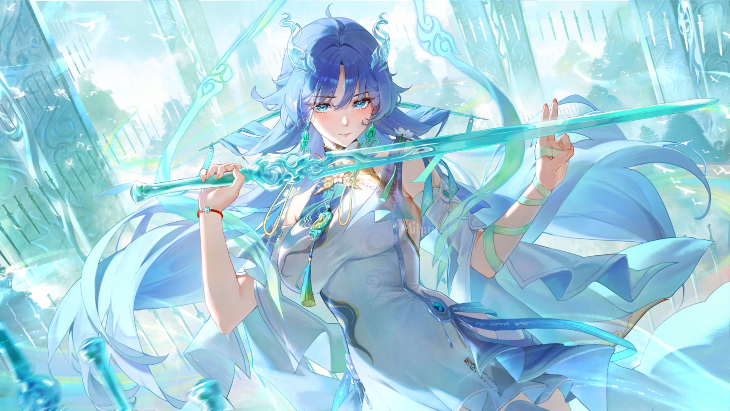 aqua_eyes, blue_hair, blush, chinese_clothes, chinese_dress, dress, horns, long_hair