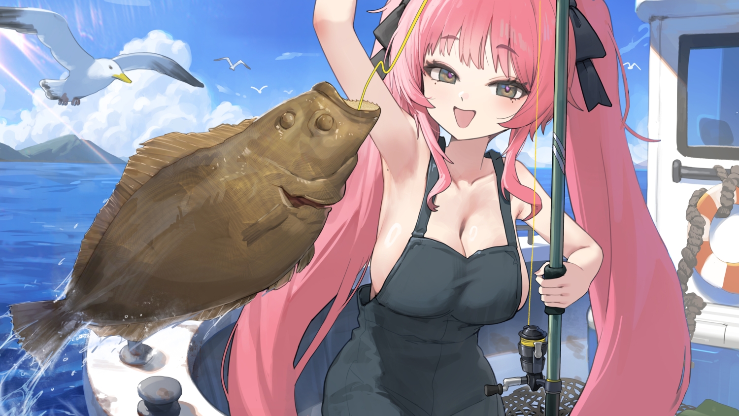animal, bird, boat, bow, breasts, cleavage, clouds, fish