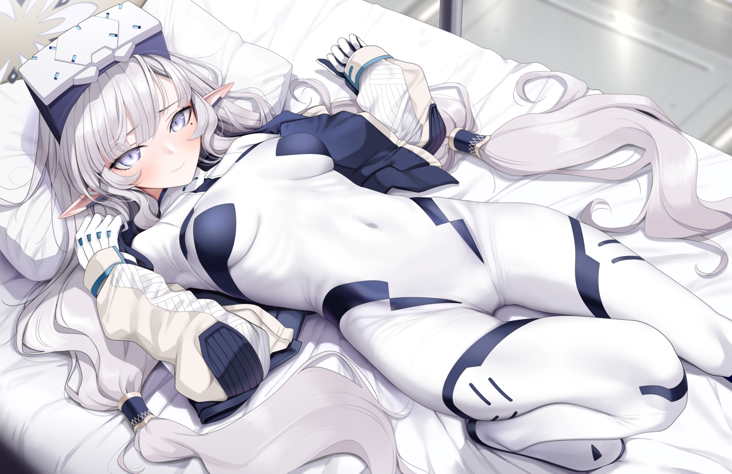 akeboshi_himari, bed, blue_archive, blue_eyes, blush, bodysuit, fed_(giba), gloves, goggles, gray_hair, halo, long_hair, pointed_ears, twintails