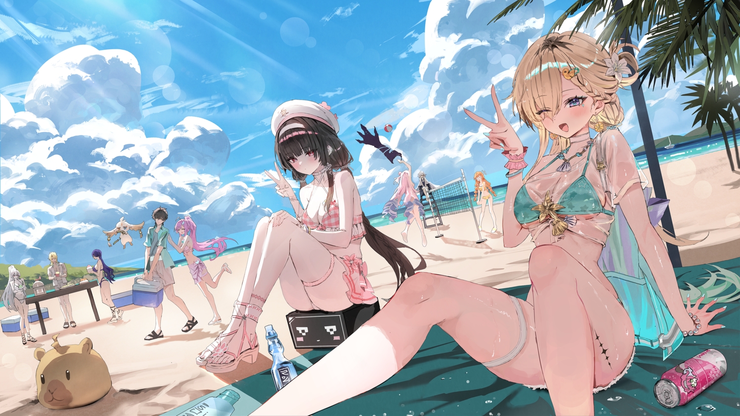 abby_(wuthering_waves), aemeath_(wuthering_waves), animal, ball, beach, bikini, black_hair, blonde_hair