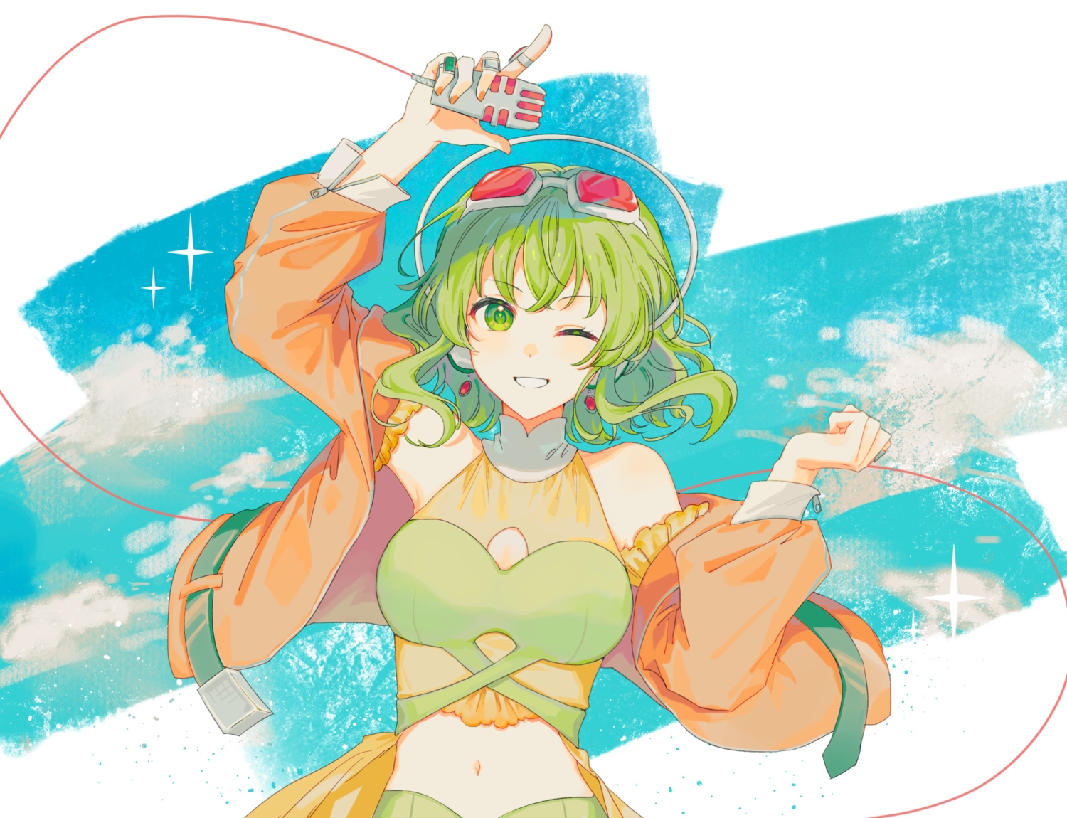 goggles, green_eyes, green_hair, gumi, microphone, navel, sunoom09, vocaloid