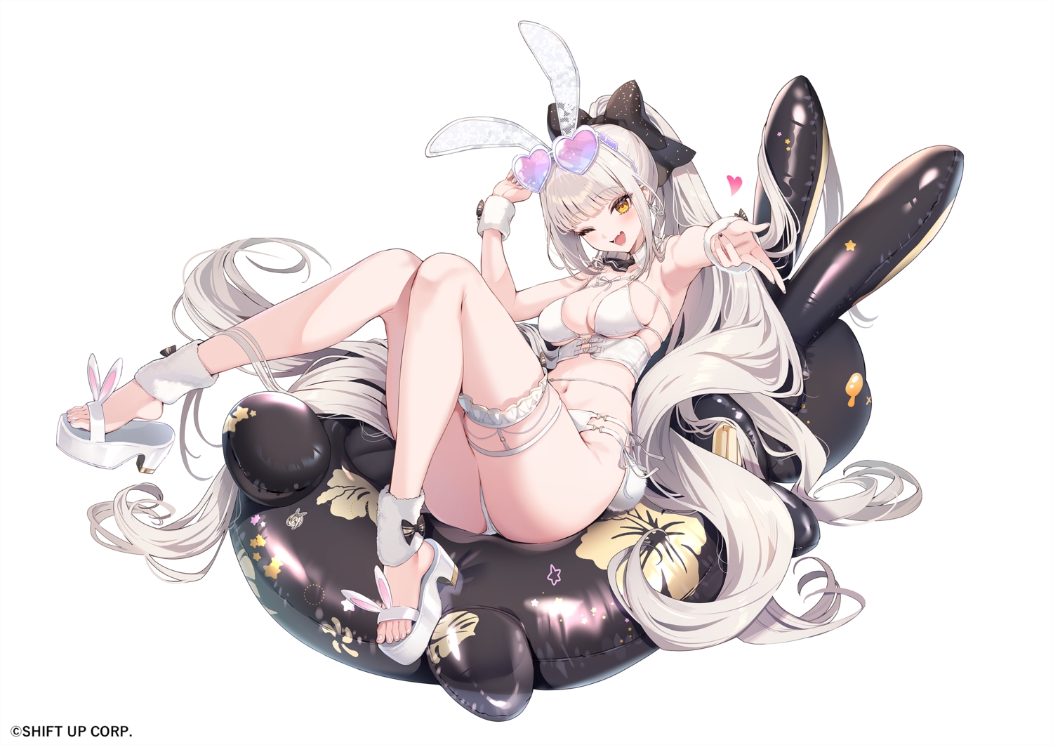 animal_ears, bikini, blanc_(nikke), blush, bow, breasts, bunny_ears, bunnygirl, cleavage, cut_(bu-kunn), fang, garter, goddess_of_victory:_nikke, heart, long_hair, ponytail, sunglasses, swim_ring, swimsuit, tail, watermark, white, white_hair, wink, wristwear