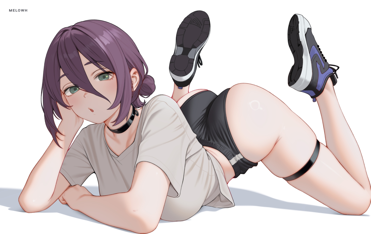 ass, bloomers, chainsaw_man, choker, garter, green_eyes, gym_uniform, melowh