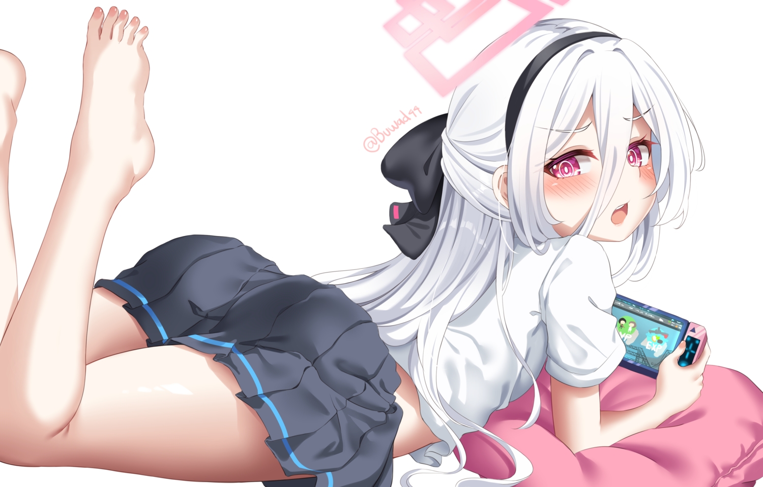ass, barefoot, blue_archive, blush, bow, buwad, game_console, halo