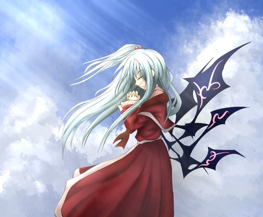 cloud, clouds, hair_bobbles, hair_ornament, hands_clasped, long_hair, nosada, shinki