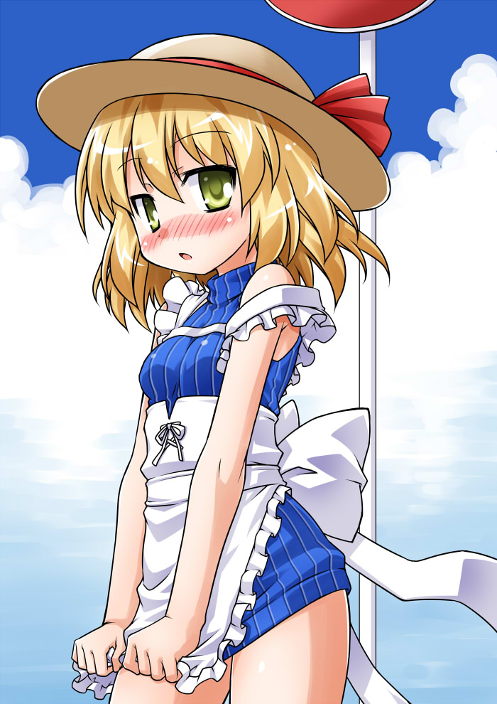 1girl, :o, akou_roushi, alternate_costume, apron, bare_shoulders, blonde_hair, blush