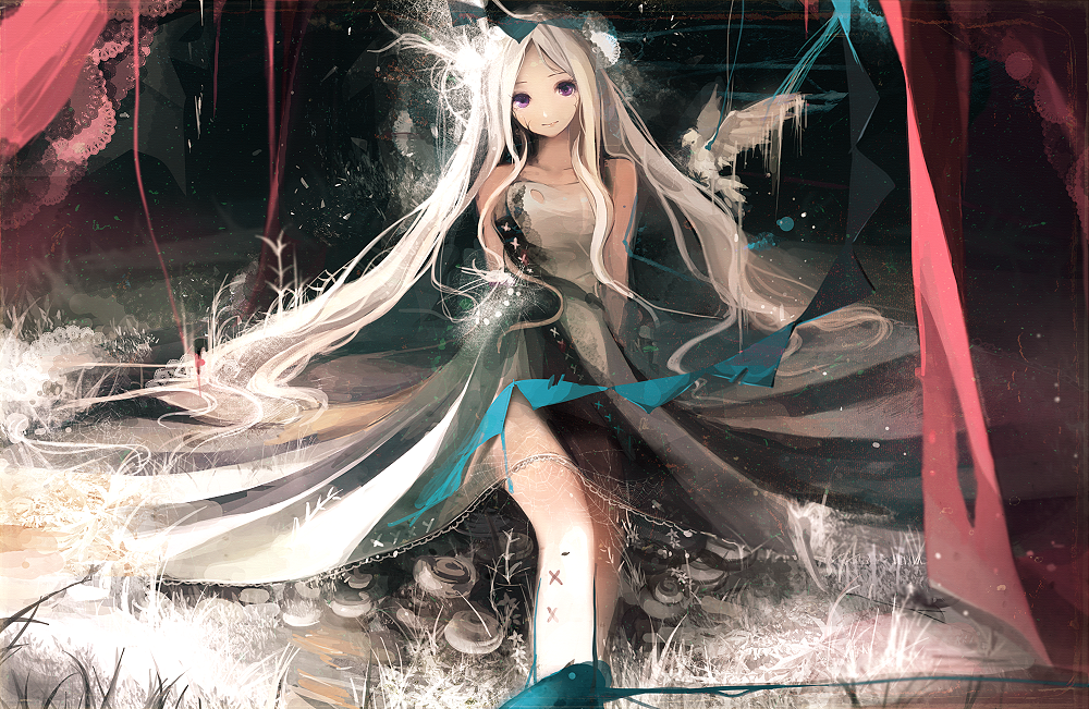 1girl, asahiro_(algl), bird, dove, dress, grass, lace, legs_together