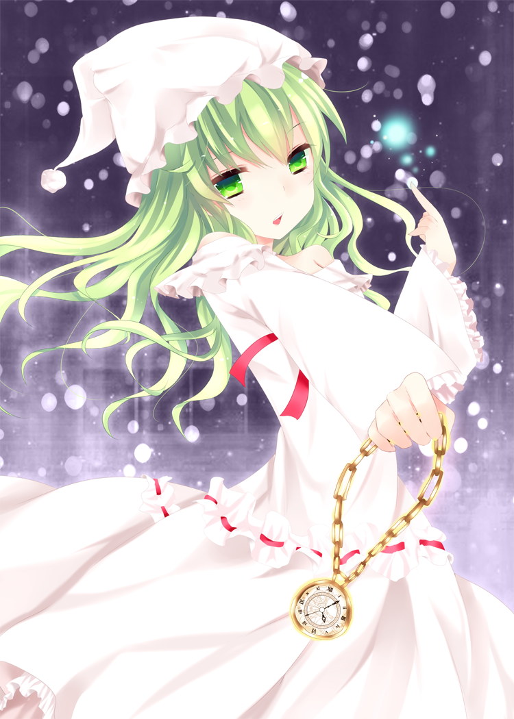 ajiriko, blue_background, chain, foreshortening, gradient, gradient_background, green_eyes, green_hair